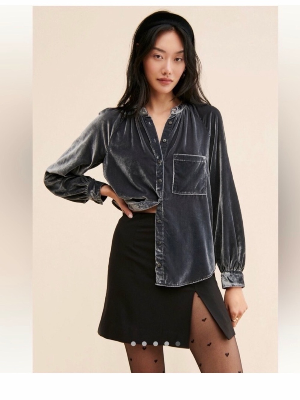 Anthropologie Pilcro Gray Velvet Button-Up balloon sleeve blouse Blouse size M